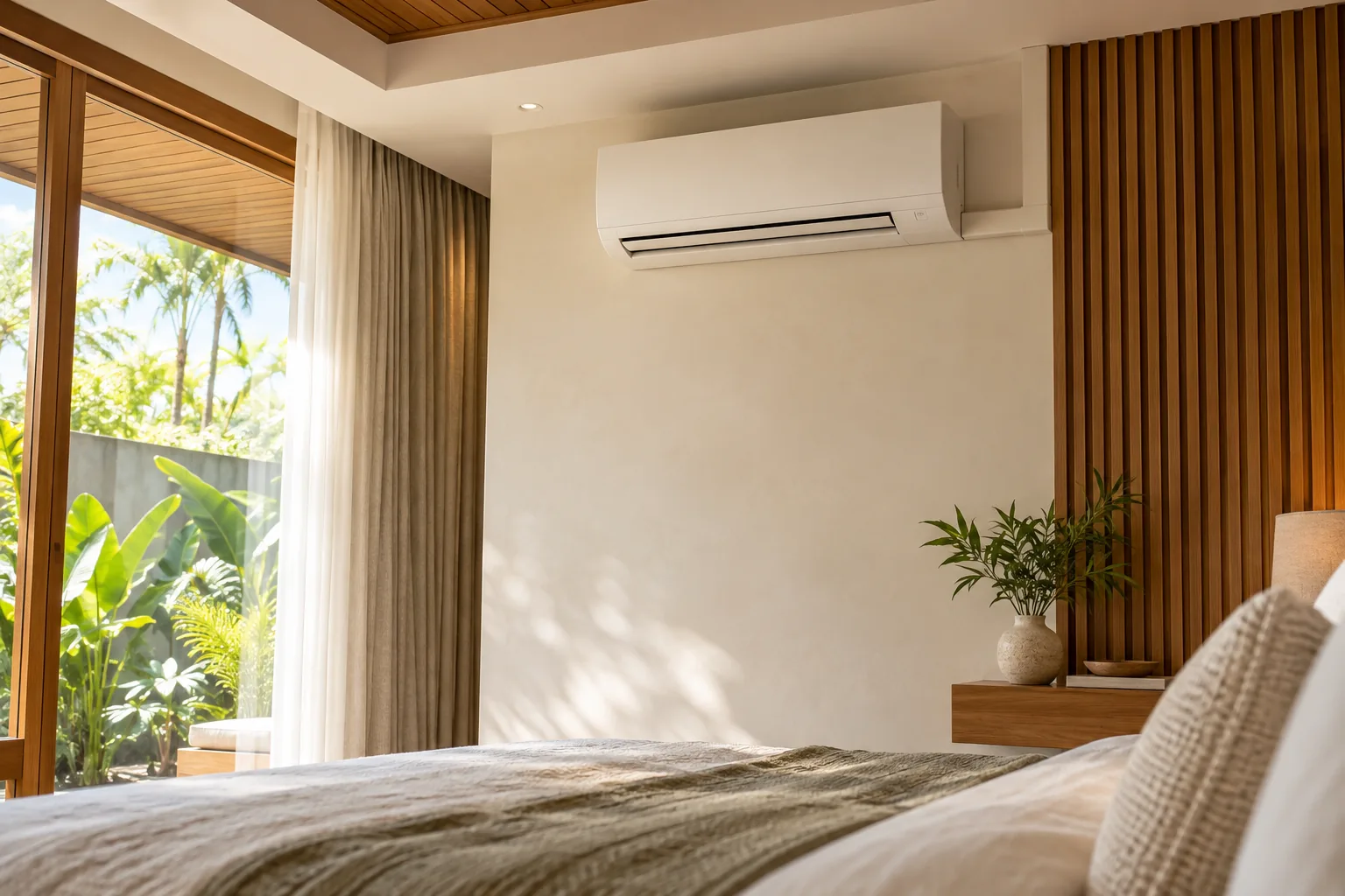 Unit AC split terpasang di dinding kamar rumah tinggal