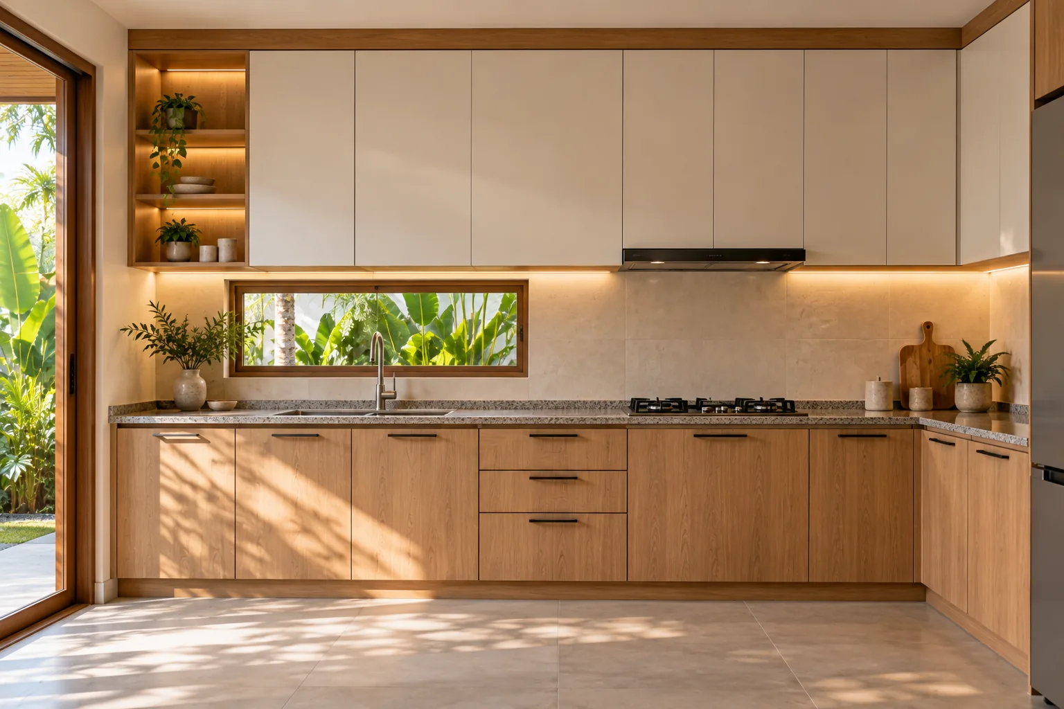 Kitchen set atas dan bawah kayu dengan top meja di dapur rumah tinggal