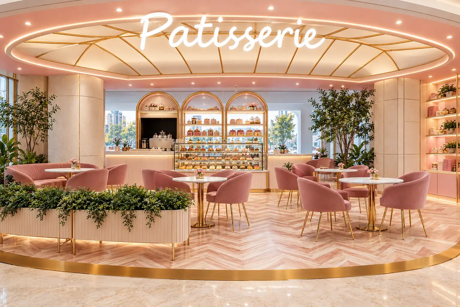 Konsep interior cafe patisserie bernuansa pink: kursi beludru pink berkaki emas, meja marmer putih bundar, lantai parket herringbone, dan etalase kue berbingkai emas melengkung