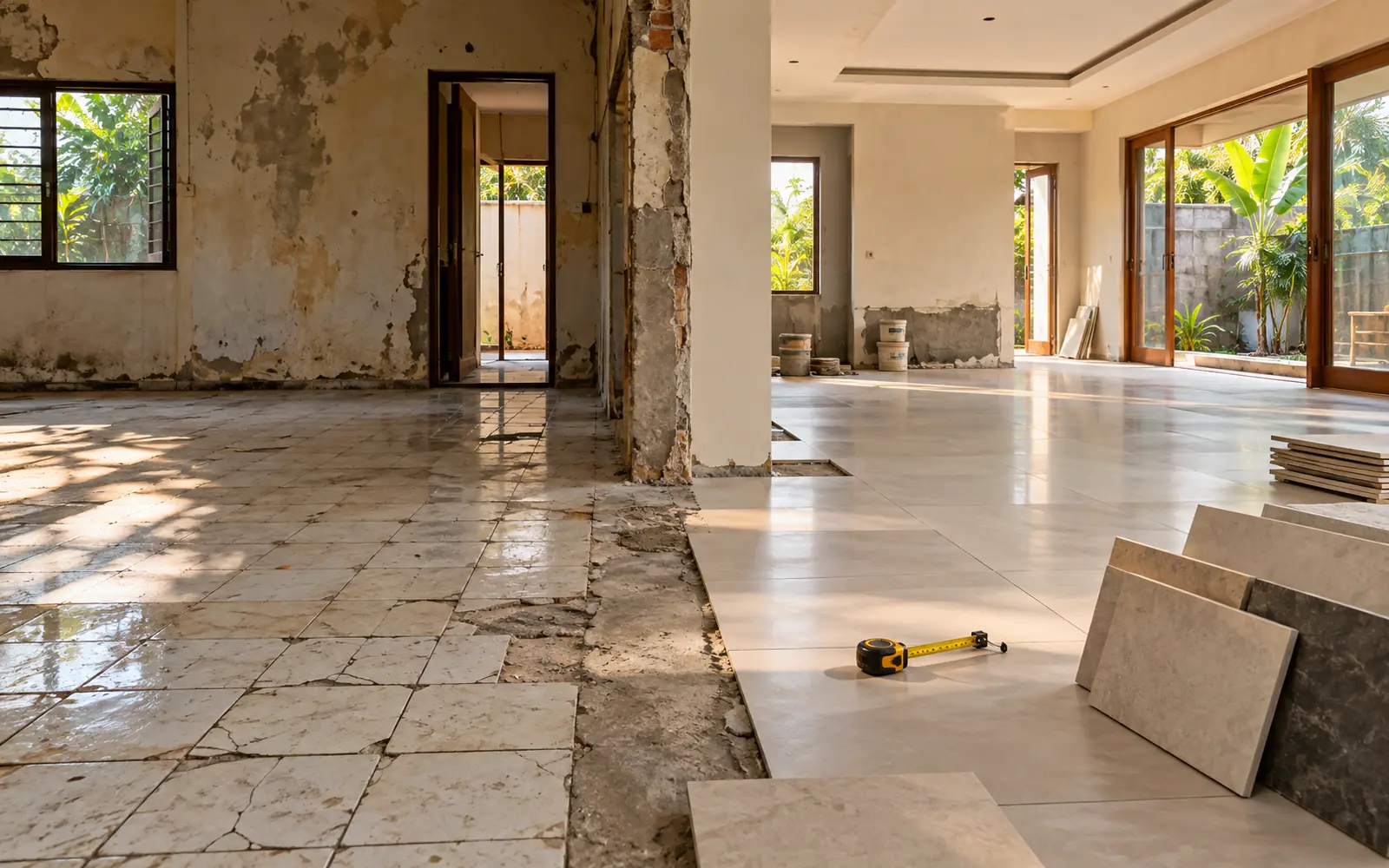 Rumah tinggal yang sedang direnovasi dengan dinding baru diplester dan lantai granit setengah terpasang