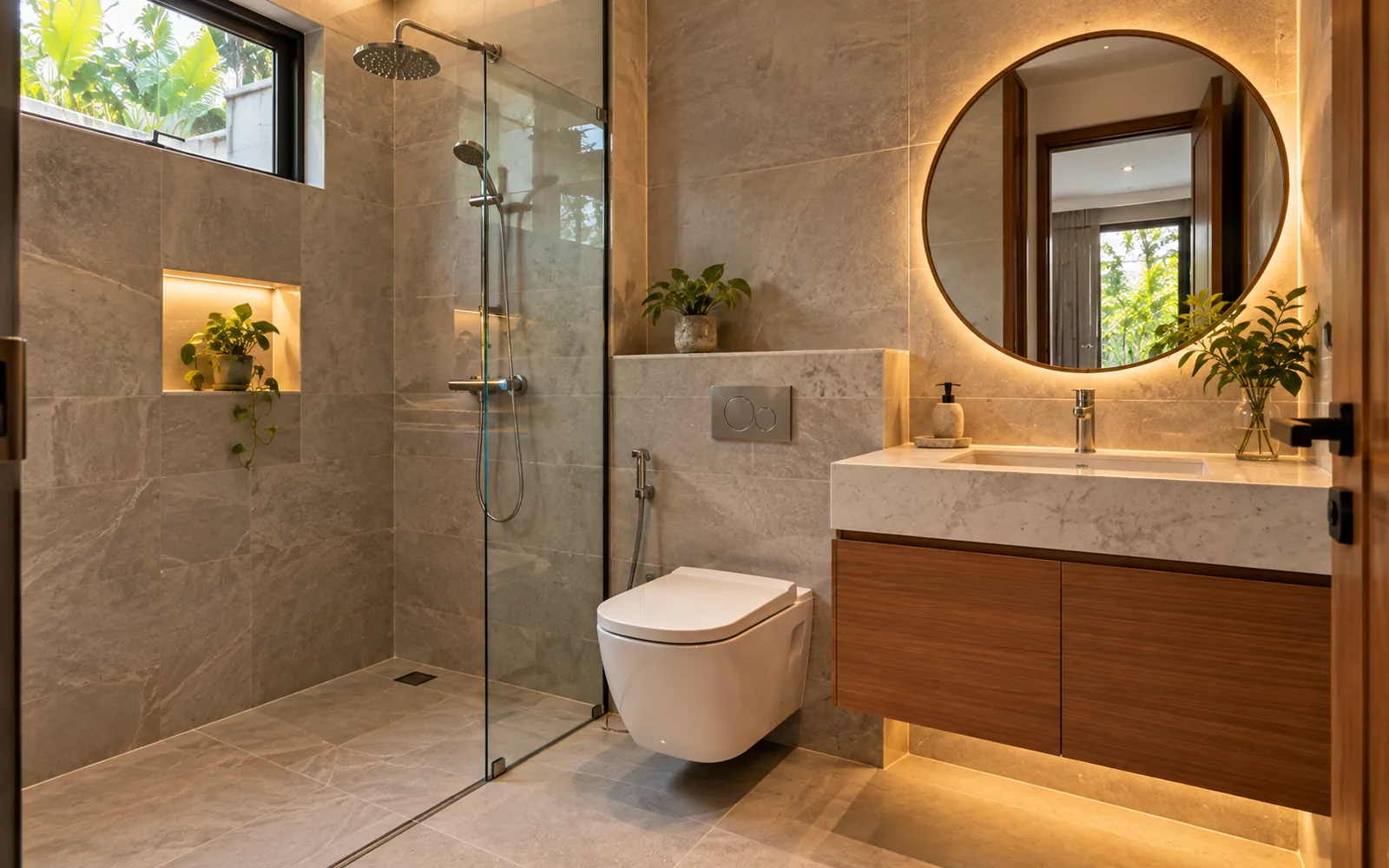 Kamar mandi baru direnovasi dengan dinding keramik besar, shower kaca, dan vanity kayu