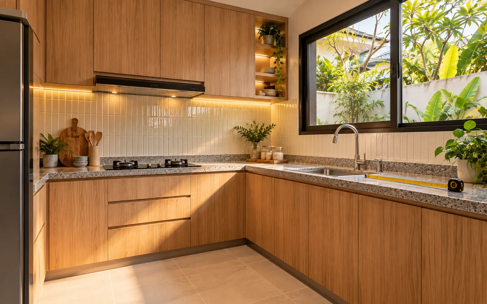 Dapur modern dengan kitchen set atas dan bawah, countertop batu, dan splashback keramik
