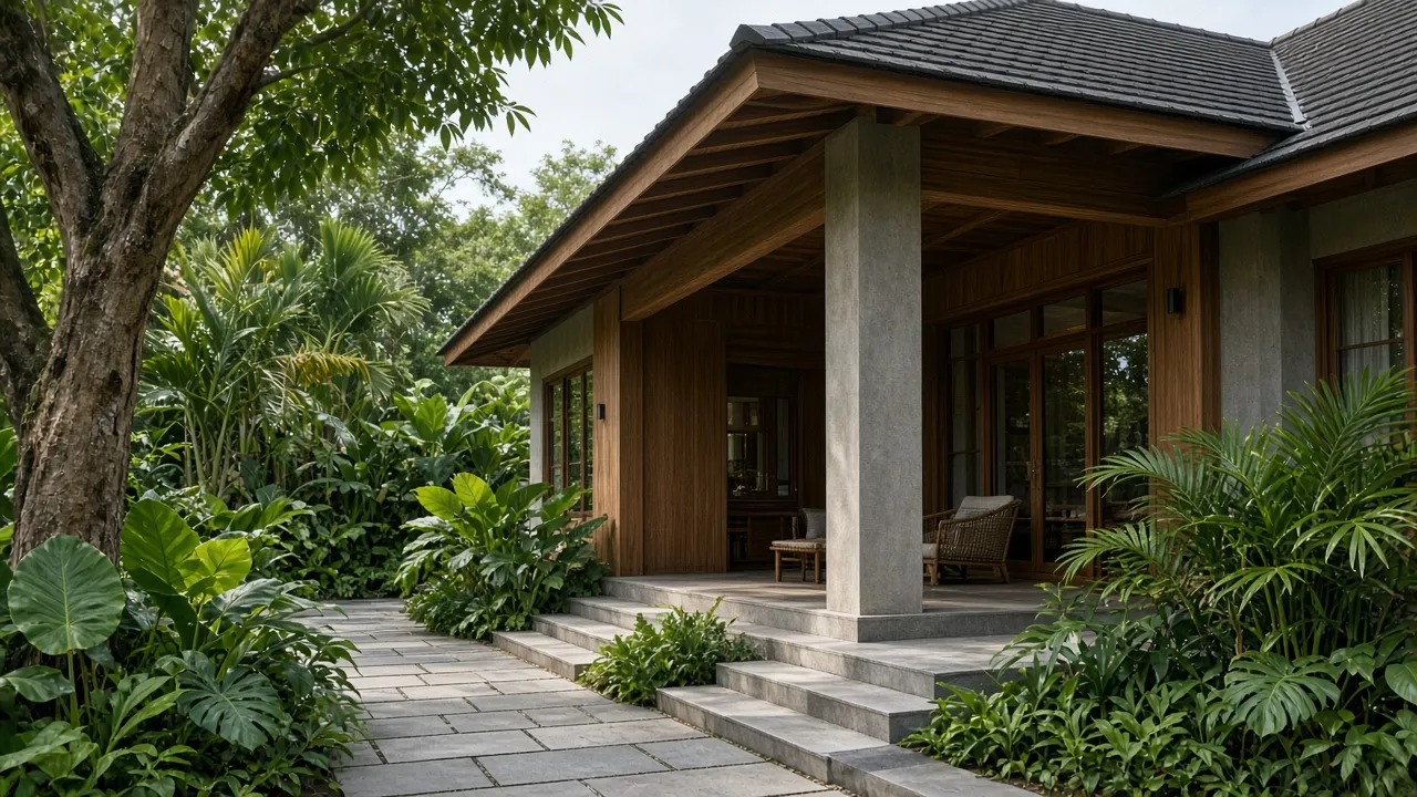 Rumah tropis modern dengan atap lebar dan vegetasi